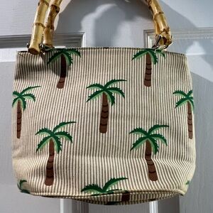 Braciano Hand Bag with Palm Trees and Double Bamboo Handles Tan and White